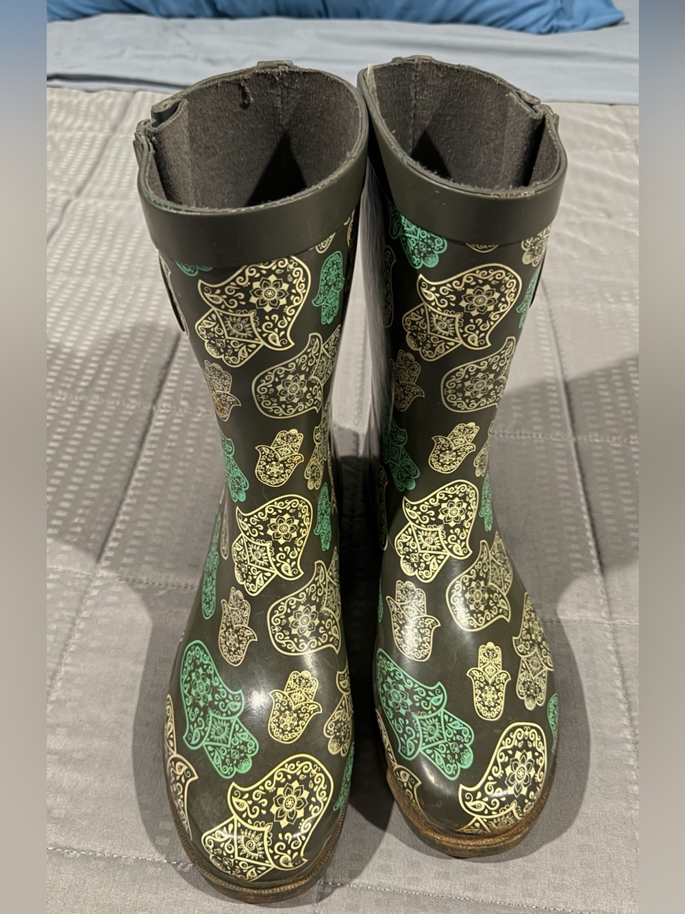 Capelli of New York Brown Rain Boots with Green and Cream Hamsa Motif
